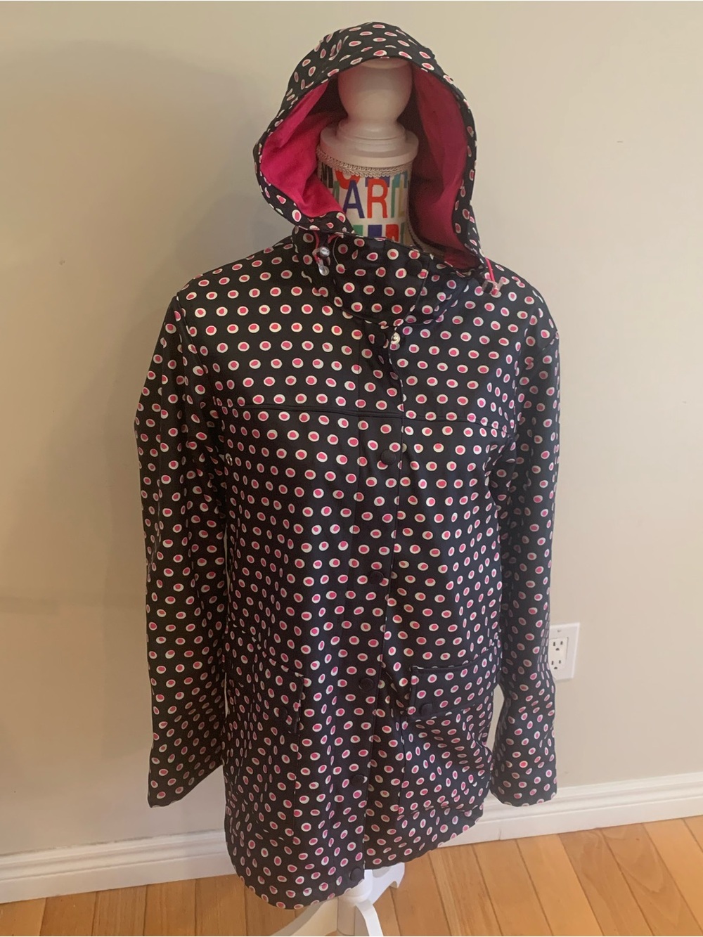 Lands' End Black Jacket with Pink and White Polka Dots